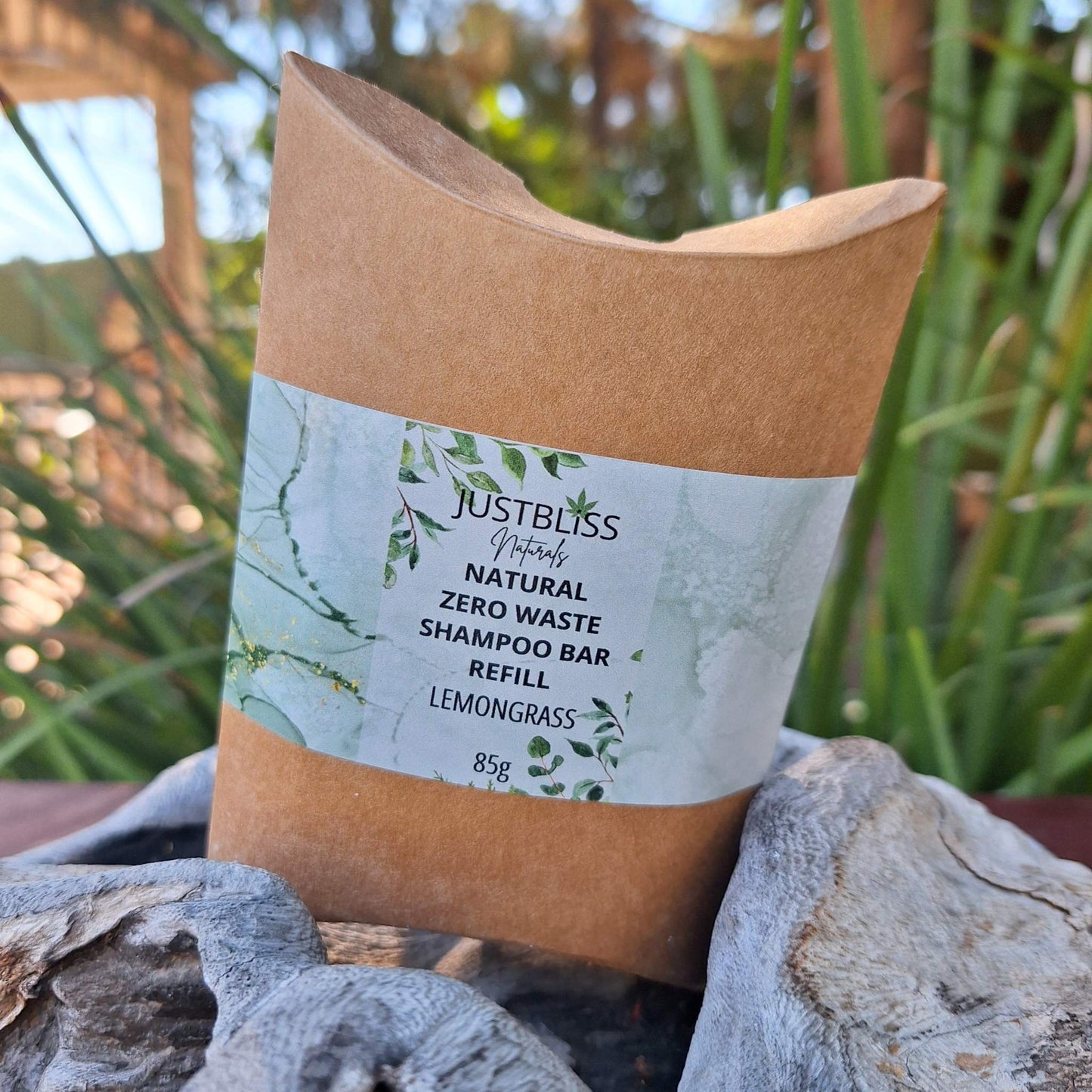 Eco-friendly lemongrass Shampoo Bar Refill in kraft paper packaging for zero waste hair care.