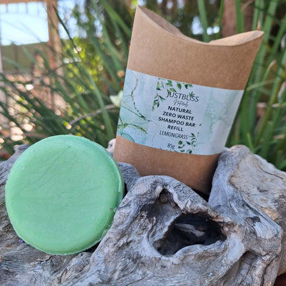 Eco-friendly lemongrass Shampoo Bar Refill with kraft packaging for sustainable haircare.