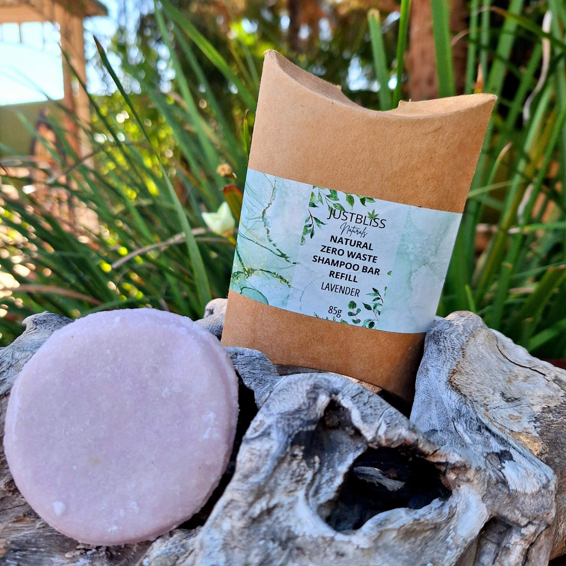 Eco-friendly Shampoo Bar Refill with kraft packaging, featuring plant-based ingredients for all hair types.