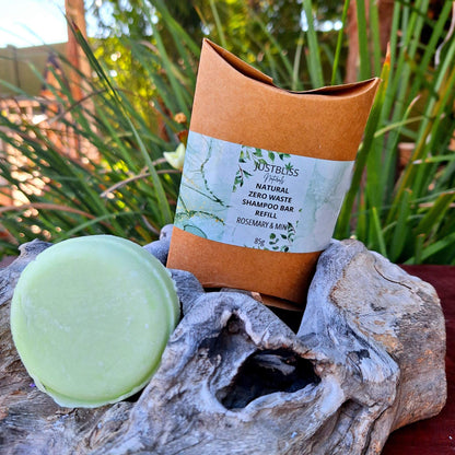 Eco-friendly Shampoo Bar Refill with plant-based ingredients, in recyclable kraft packaging, suitable for all hair types.