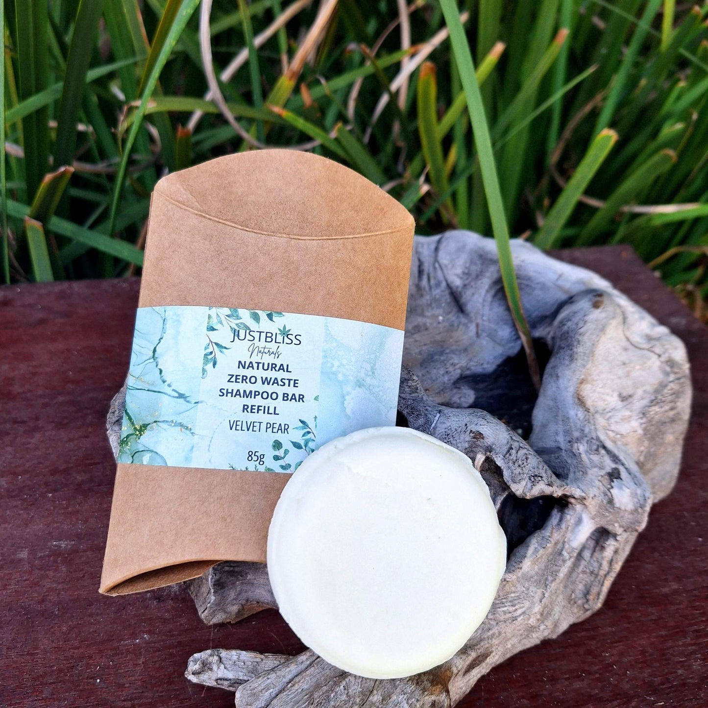 Eco-friendly Shampoo Bar Refill with kraft packaging, plant-based ingredients for all hair types.