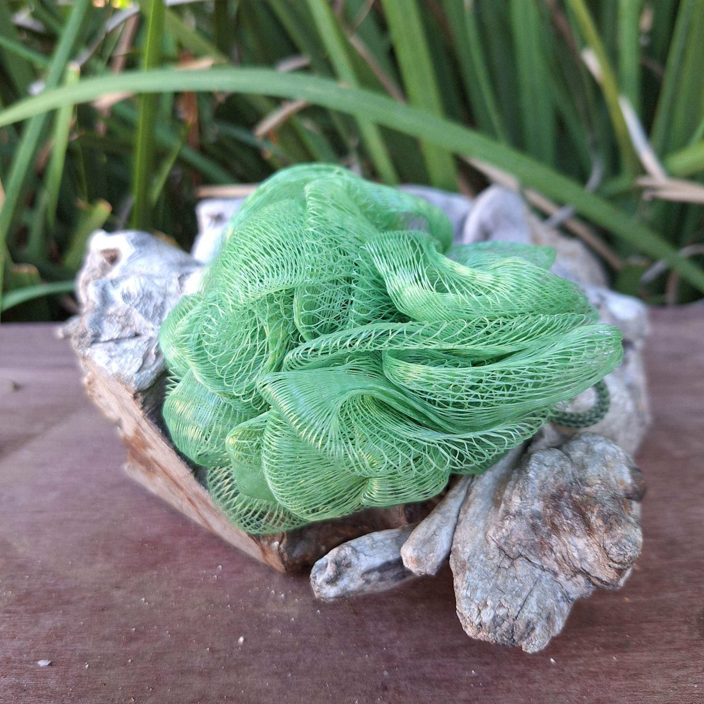 Green bath & shower scrunchies for exfoliating and cleansing.