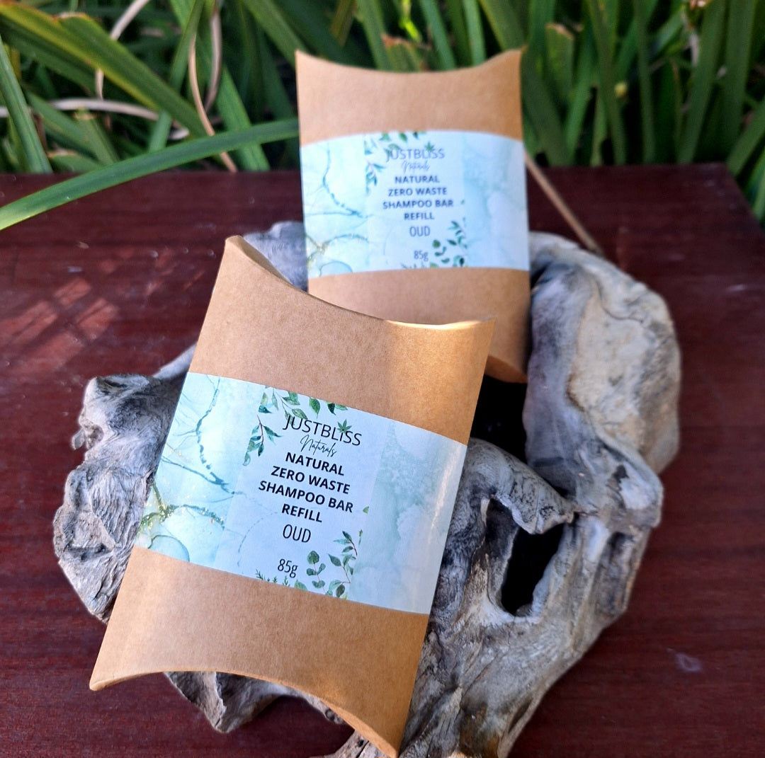 Eco-friendly Shampoo Bar Refill in kraft packaging with natural ingredients for all hair types.