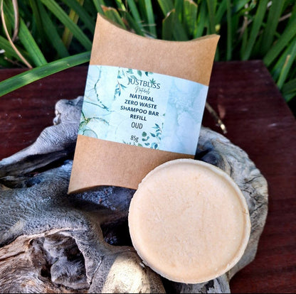 Eco-friendly Shampoo Bar Refill, Oud scent, with sustainable kraft packaging for all hair types.