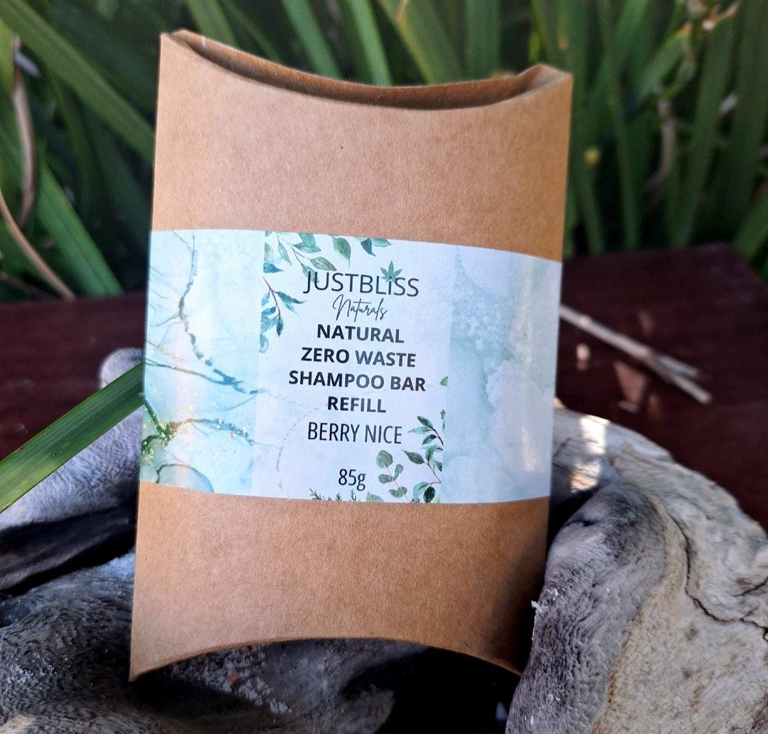 Eco-friendly Shampoo Bar Refill in kraft packaging amidst nature.