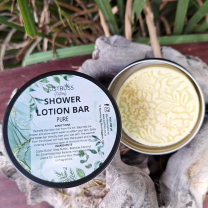 (Pure) Shower Lotion Bar in tin container, rich cocoa and shea butters, skin hydration and nourishment.