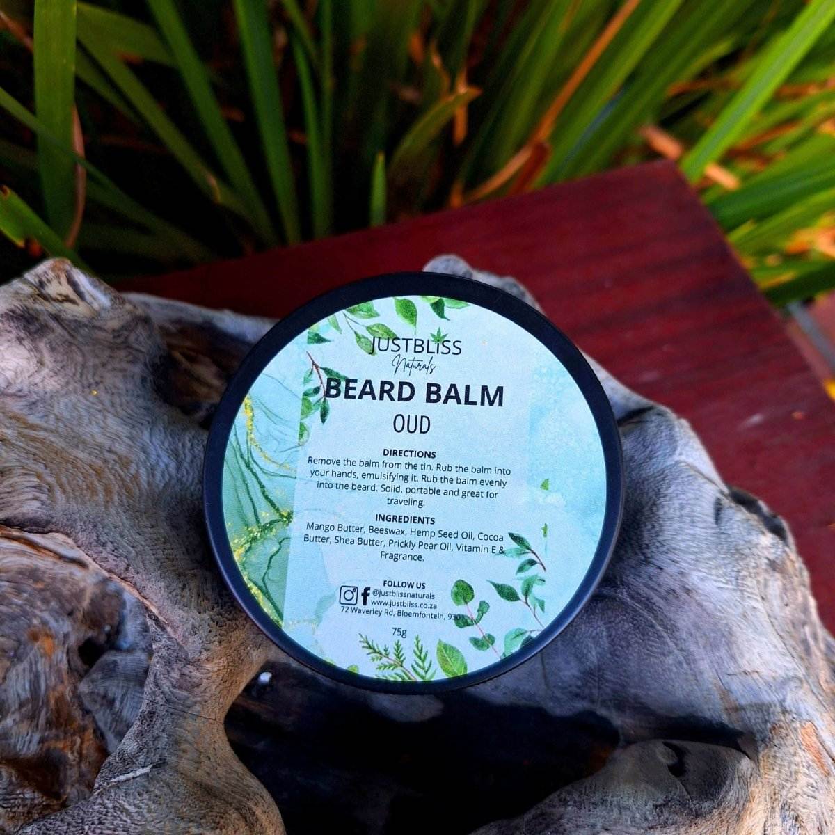 JUSTBLiSS Beard Balm Oud 85g - Nourishing and hydrating balm with mango, cocoa, shea butter, hemp, prickly pear oils, and vitamin E for soft, healthy beard.