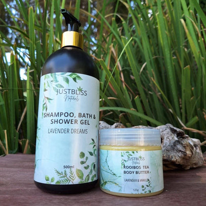 BODY WASH & BODY BUTTER with Lavender essential oil, featuring shampoo, bath, shower gel, and Rooibos body butter against a natural backdrop.