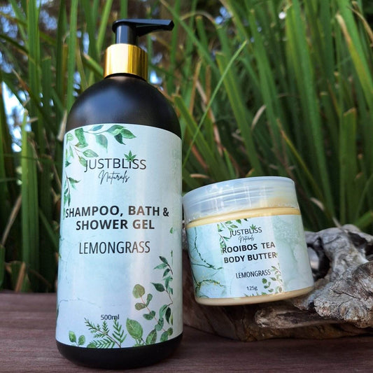 COMBO BODY WASH & BODY BUTTER with lemongrass scent, featuring shampoo, bath & shower gel, and rooibos body butter.