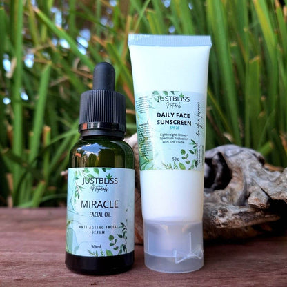 Miracle Facial Oil and Daily Face Sunscreen SPF 30 combo for skin hydration and UV protection.