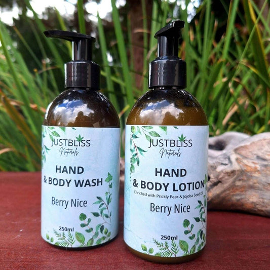 COMBO HAND WASH & LOTION Berry Nice 250ml set in green bottles on a wooden surface.