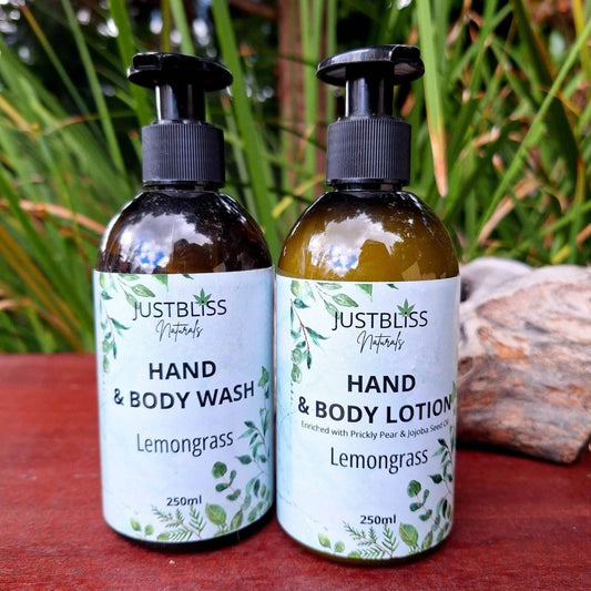 COMBO HAND WASH & LOTION Lemongrass, 250ml, refreshing citrus scent, green bottles.