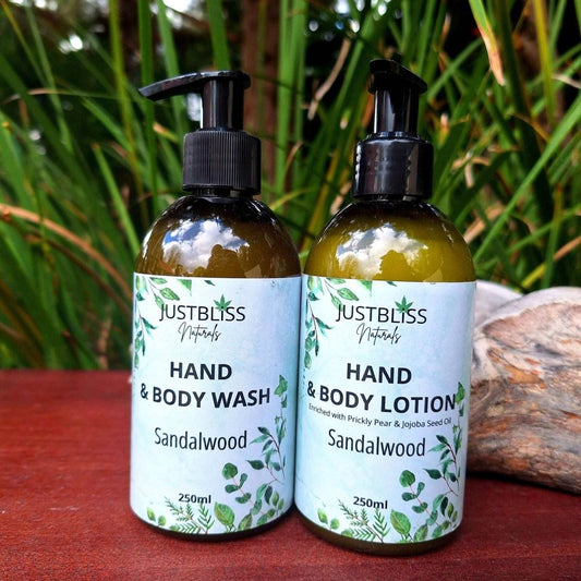 COMBO HAND WASH & LOTION: Sandalwood 250ml bottles from JUST BLiSS on a wooden surface.