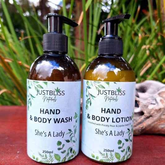 COMBO HAND WASH & LOTION: She's A Lady 250ml set in green bottles with floral packaging, featuring a soft floral and citrus scent.