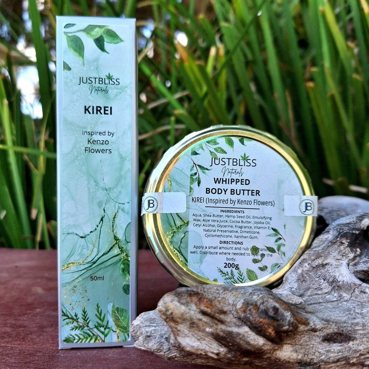 COMBO Floral Perfume & Whipped Body Butter with lush greenery background.