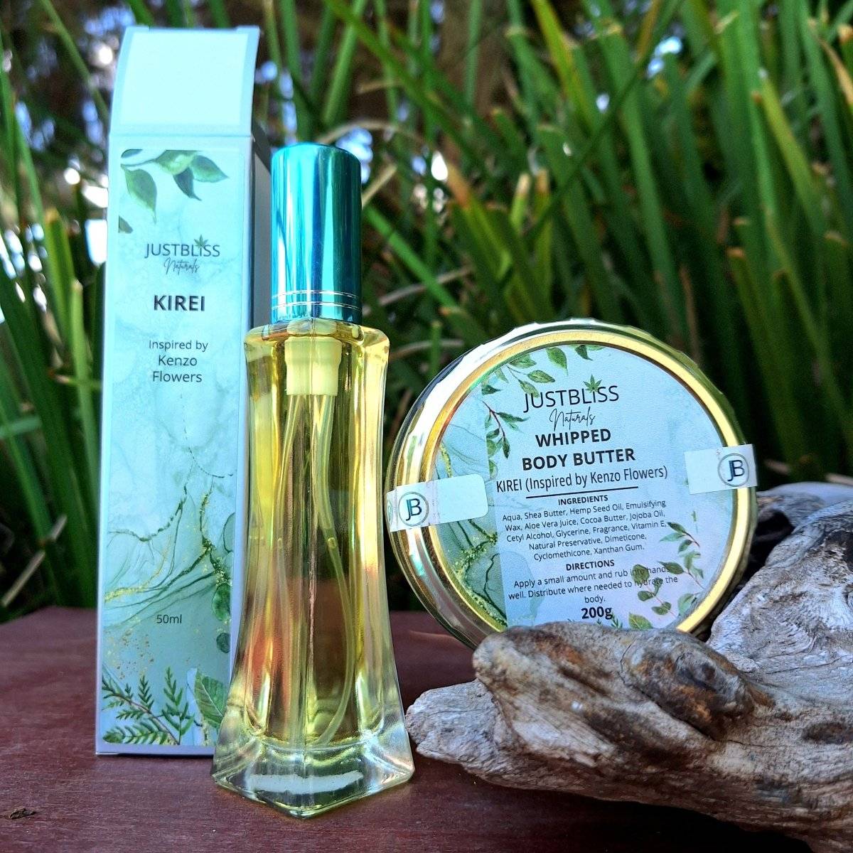 COMBO Perfume & Whipped Body Butter Kirei Inspired by Kenzo Flowers displayed outdoors.