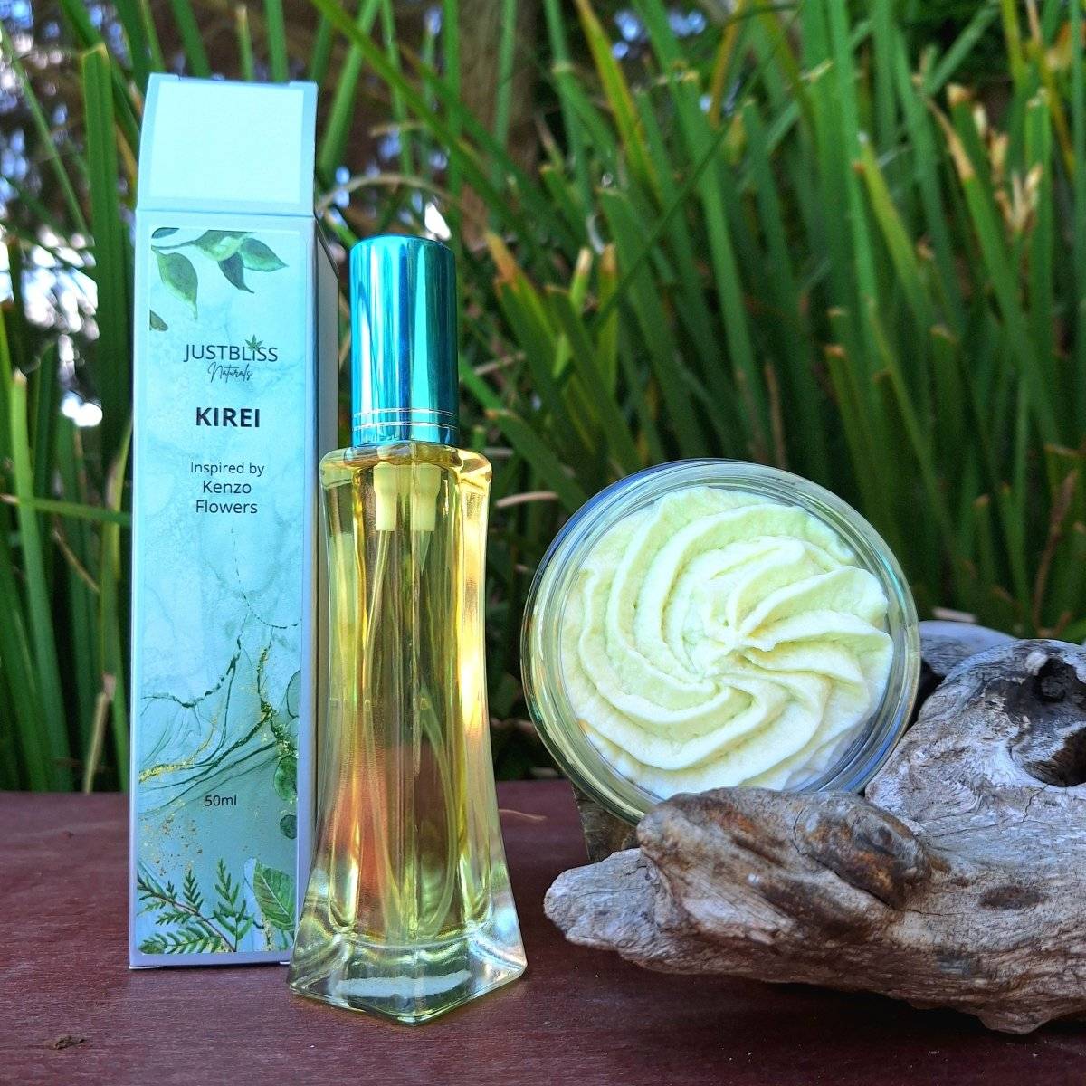 Combo Floral Perfume and Whipped Body Butter combo, against natural backdrop.