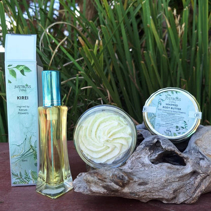 COMBO Floral Perfume & Whipped Body Butter: Kirei, displayed outdoors.