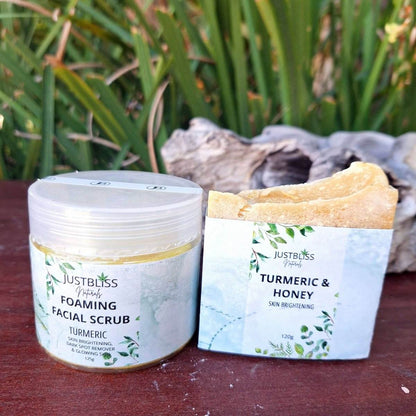 Turmeric Facial Care combo set with facial scrub and soap bar for natural glow.