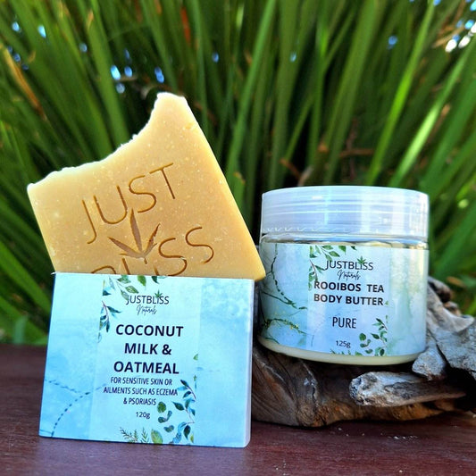 COMBO SOAP BAR & BODY BUTTER for sensitive skin with coconut milk, oatmeal, and rooibos.