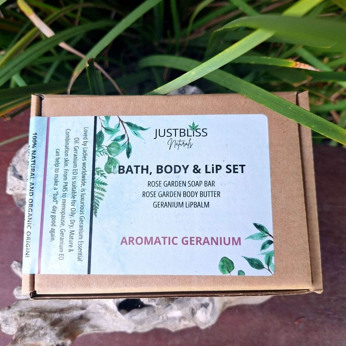 Aromatic Geranium Bath, Body & Lip Set in eco-friendly packaging, featuring soap bars, body butter, and lip balm.