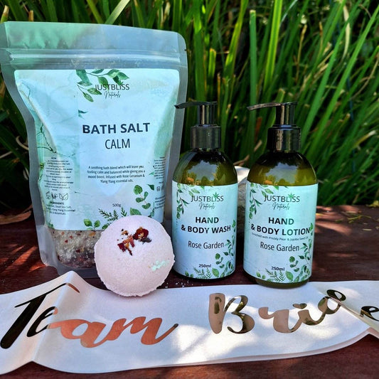 Bride To Be gift box with rose garden bath salt, silky lotion, liquid soap, bath bomb, and Team Bride sash.