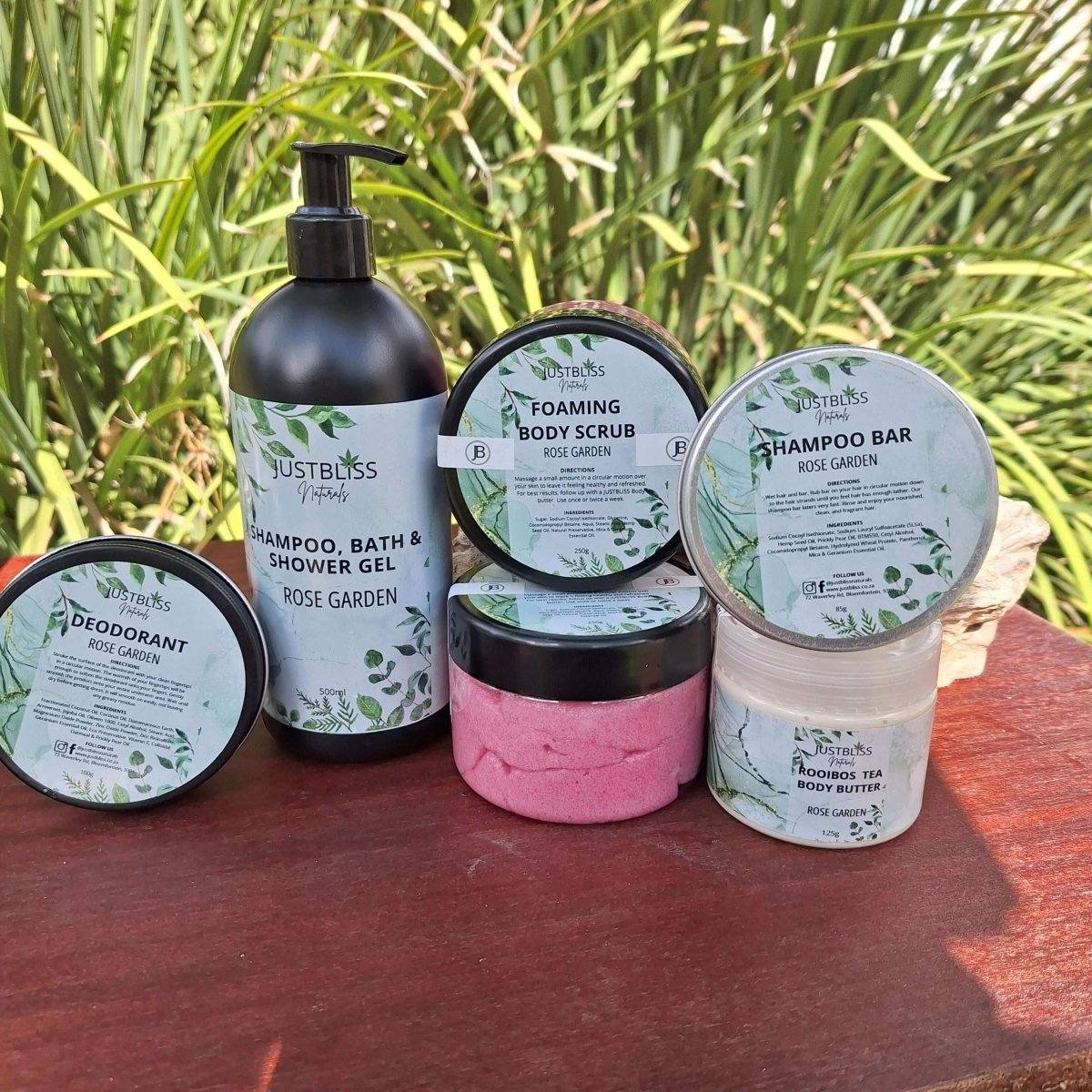 Rose Garden Box 4 luxury skincare gift set with shampoo, body scrub, deodorant, body butter, and shampoo bar.