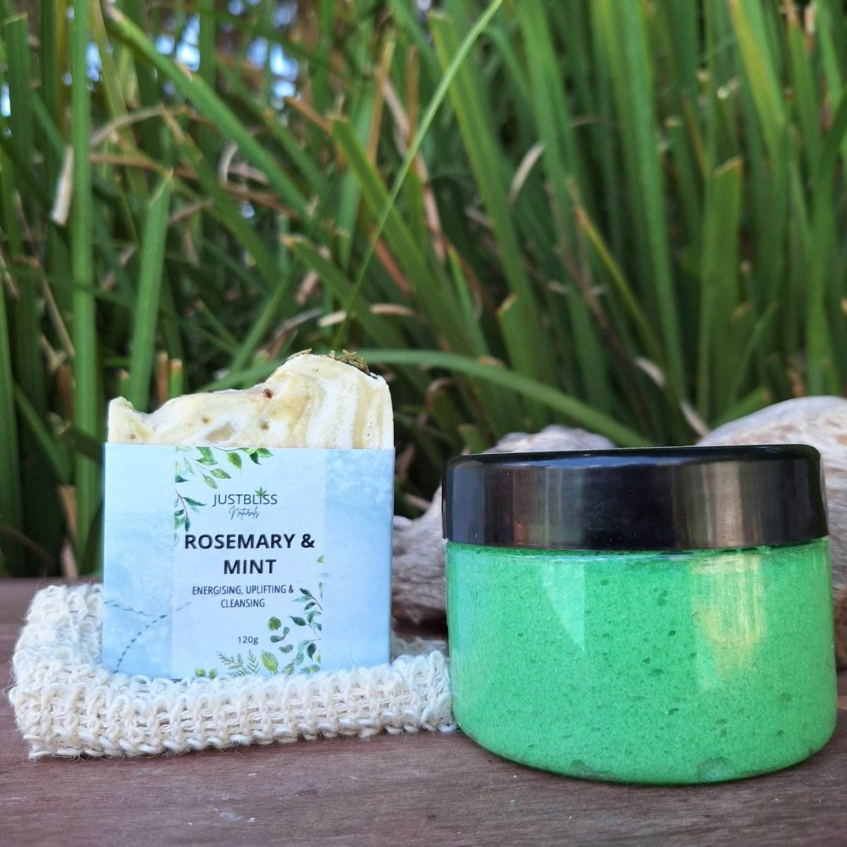 Rosemary & Mint gift box featuring a soap bar and body scrub with natural ingredients.