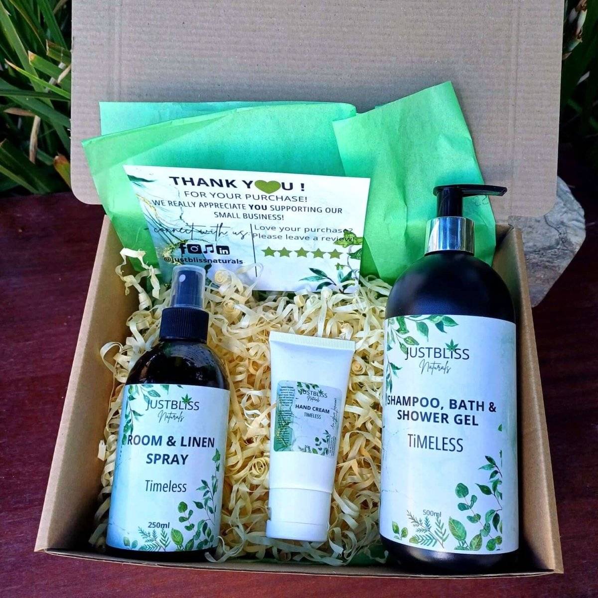 GIFT BOX: Timeless with Sandalwood and Bergamot scented hand cream, shampoo, bath & shower gel, and room & linen spray.