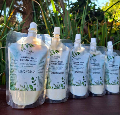 HAND & BODY Lotion Refill 200g with natural oils in various scents.