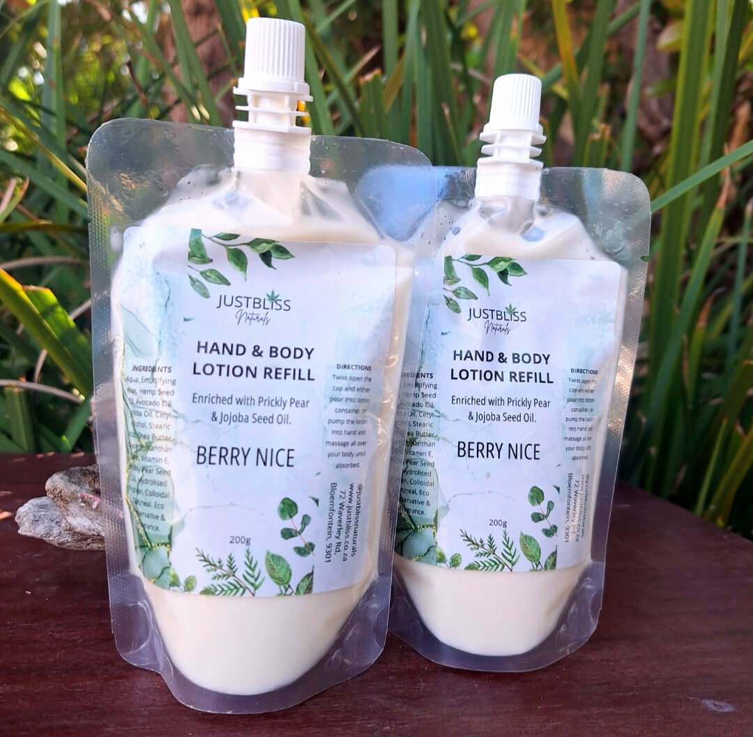 Lotion Refill (200g) pouches with natural plant oils for silky smooth skin.