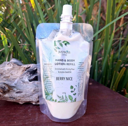 Hand & Body Lotion Refill 200g in eco-friendly pouch, enriched with natural oils.