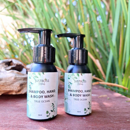 Travel size hand  and body wash bottles with pump, 50ml, suitable for all skin types, free of parabens and sulfates.