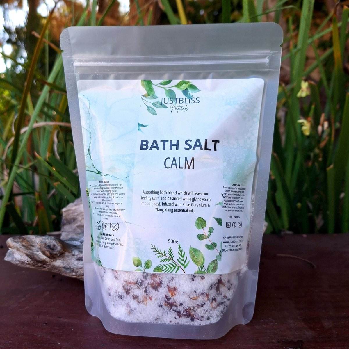 Calm Bath Salts for stress relief with Epsom and Dead Sea salt in a resealable bag.