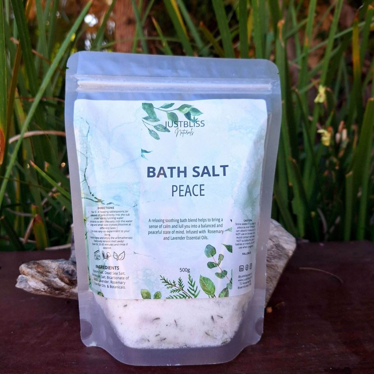 Peace Bath Salts package, featuring a calming blend for relaxation with lavender and rosemary.