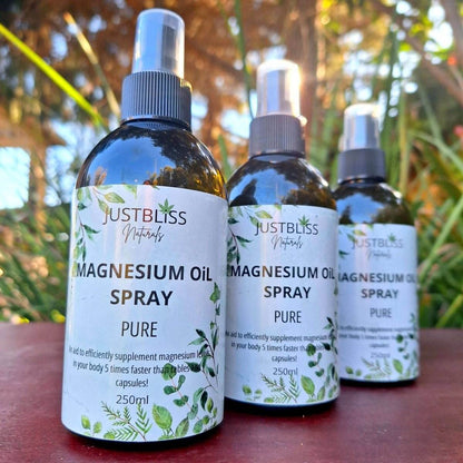 Pure Magnesium Oil Spray bottles displayed outdoors, promoting natural topical magnesium benefits for health and wellbeing.