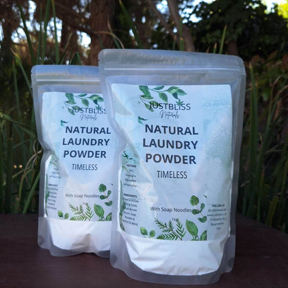 Timeless natural laundry powder packaging outdoors, eco-friendly and gentle for sensitive skin.