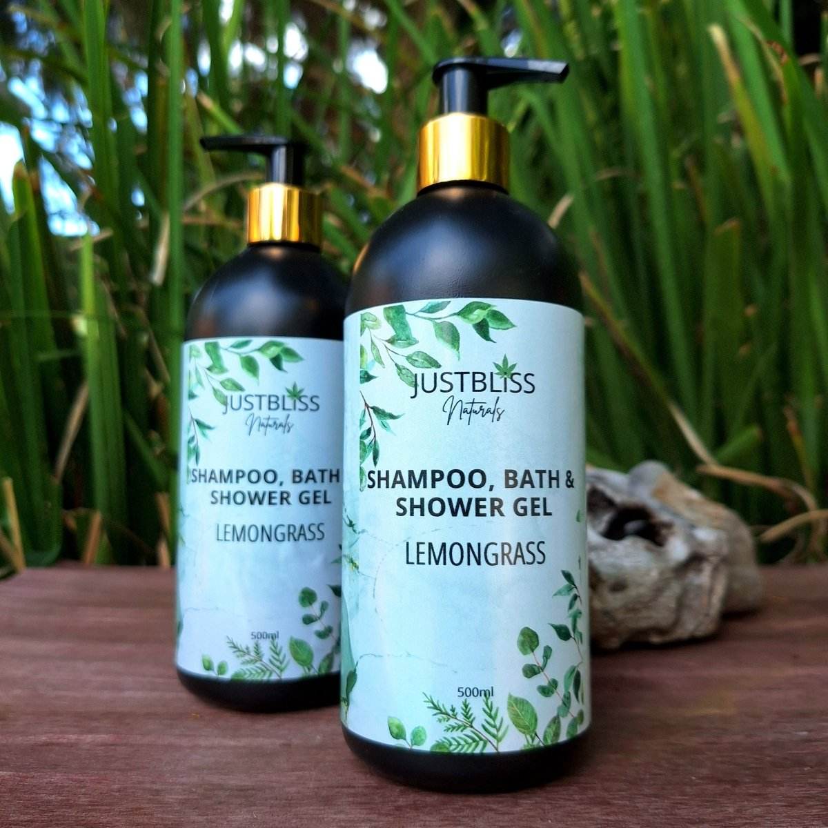 3-in-1 SHAMPOO, BATH & SHOWER GEL - Lemongrass scent, luxurious 3-in-1 body wash by JUSTBLiSS, free of parabens and sulfates.