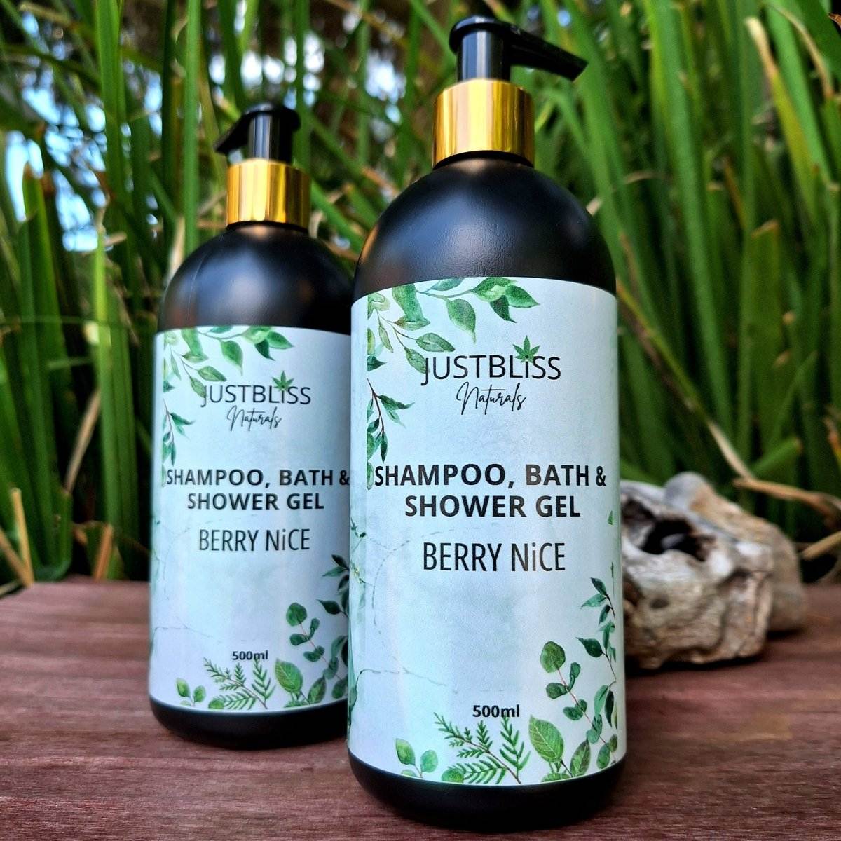 3-in-1 SHAMPOO, BATH & SHOWER GEL bottles with natural background, JustBliss Naturals, 500ml.